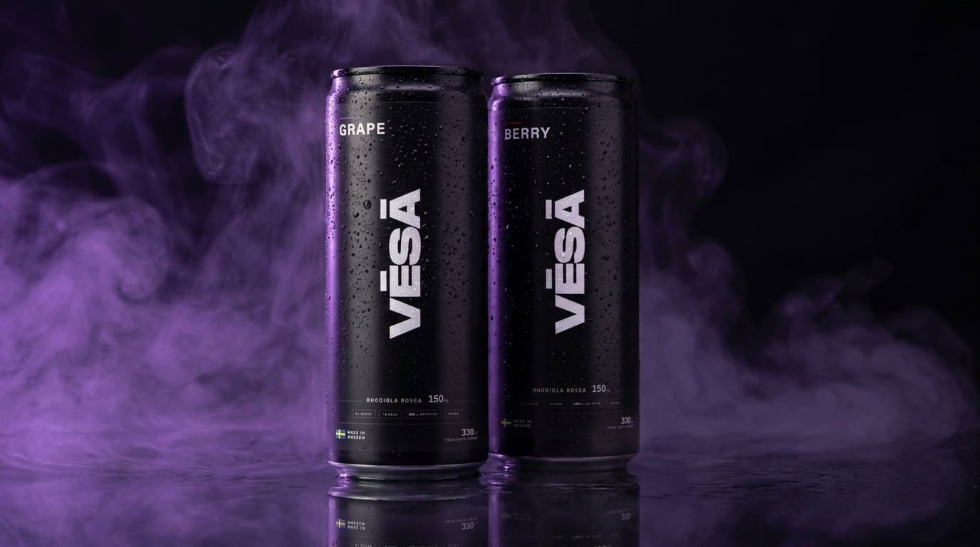 VĒSĀ Grape and Berry cans, 330 ml, standing in violet haze